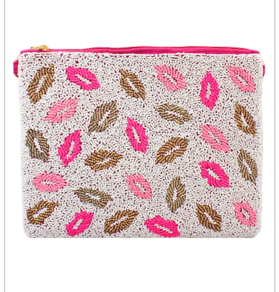 'Kiss Me All Over' Lips Beaded Clutch
