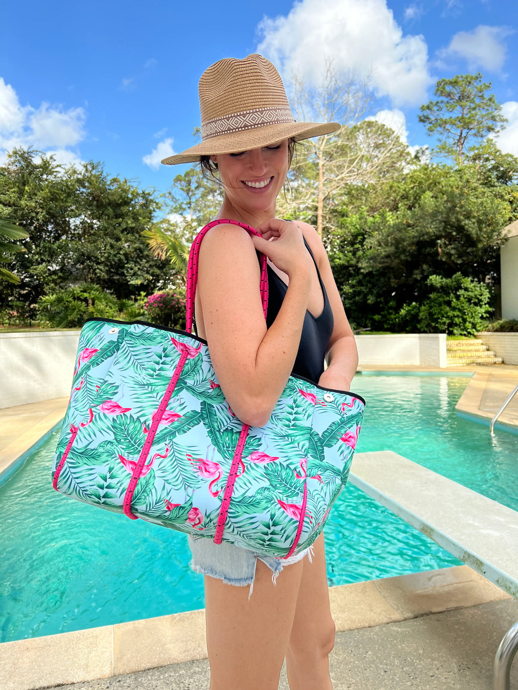 Blue and pink flamingo tote